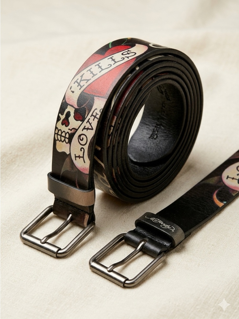 Vintage Ed Hardy Black White Bonded Leather Skull Heart Love Kills 38” Long Belt